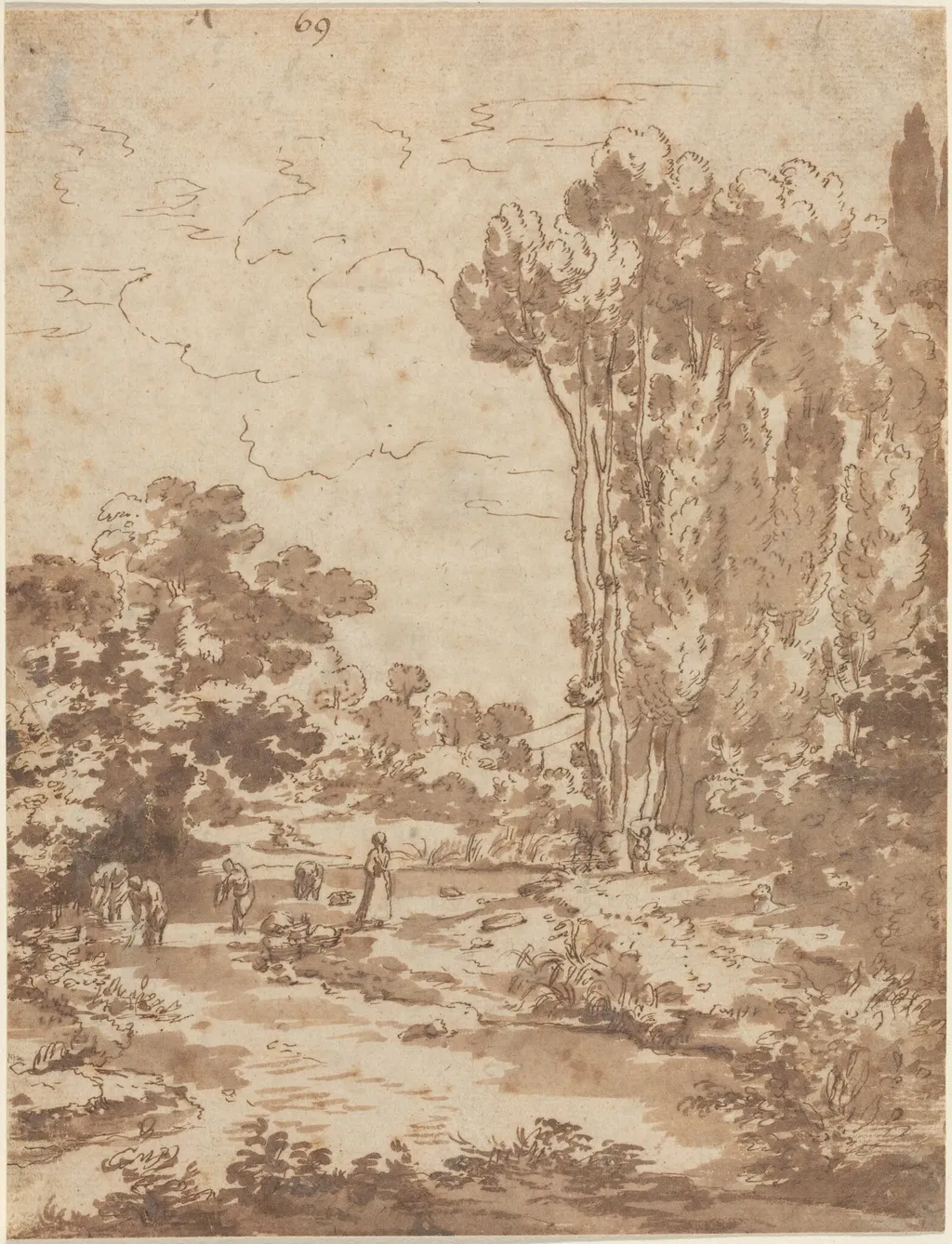 Figures Bathing in a Stream, by Nicolas Poussin, ink, 1630