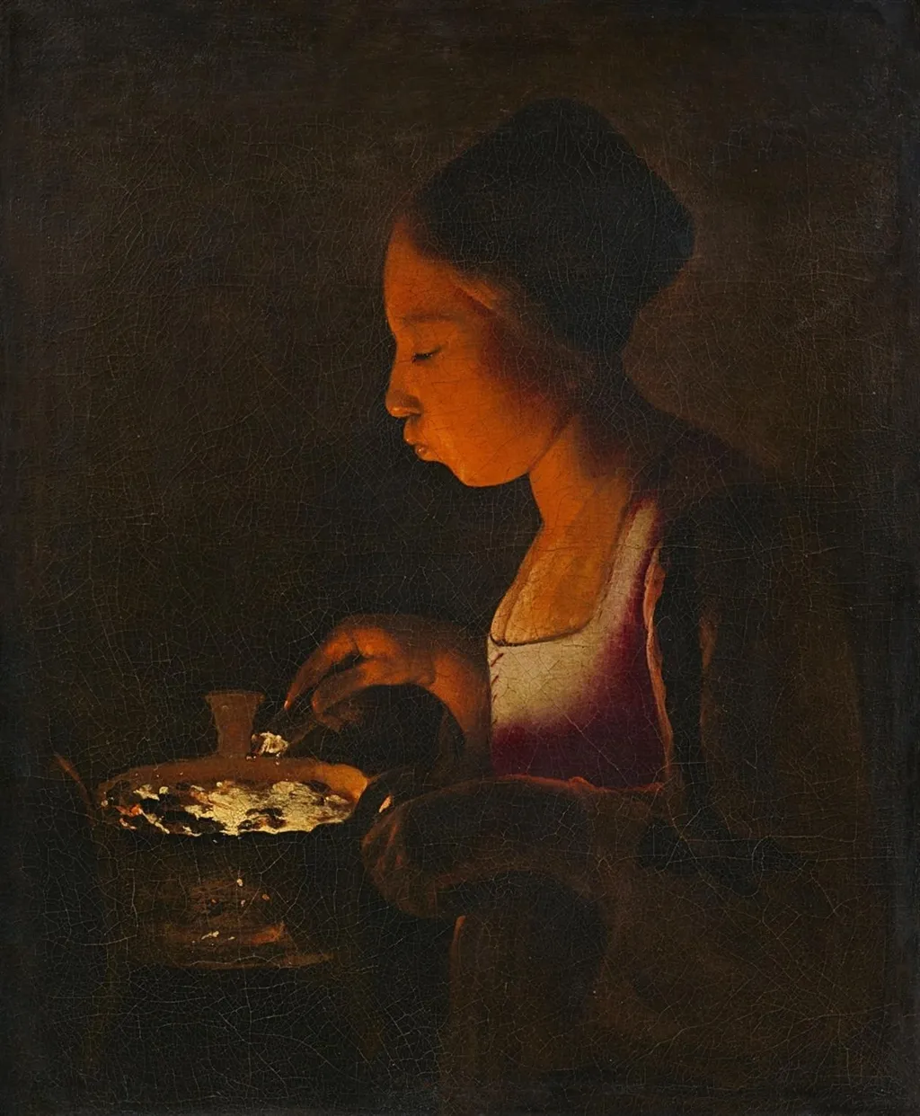 A Girl Blowing on a Brazier, by Georges de La Tour, oil, 1647