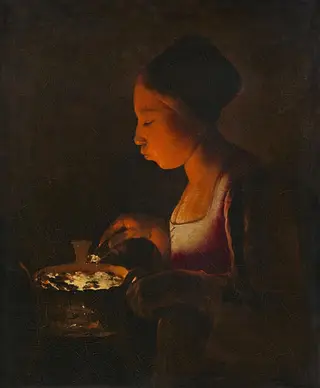 A Girl Blowing on a Brazier, by Georges de La Tour, oil, 1647