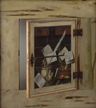A Cabinet of Curiosities with an Ivory Tankard, by Cornelis Norbertus Gijsbrechts, oil, 1670