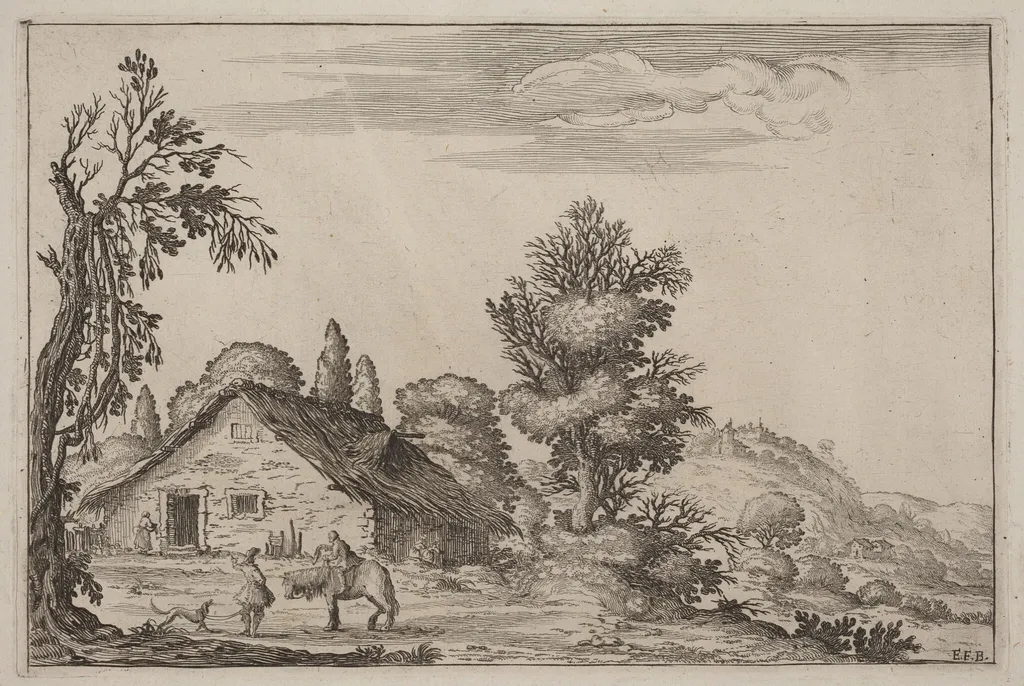 Landscape with a Traveler before a Cottage, by Ercole Bazicaluva, ink, 1638