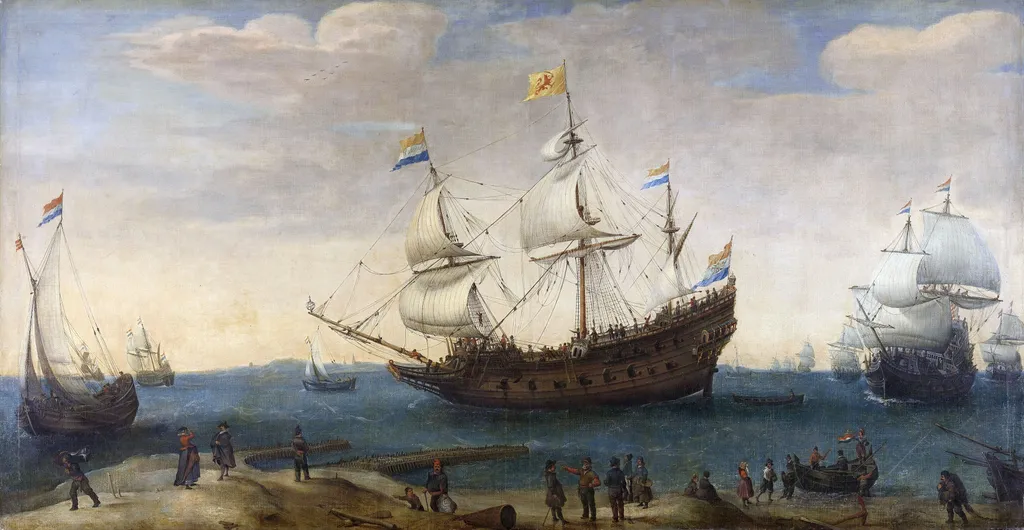 East Indiamen off a coast, by Hendrick Cornelisz Vroom, oil, 1635