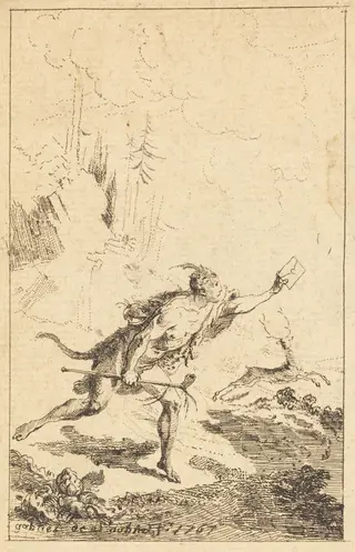 Envoy to M. de Saint-Denis by M. de Belle-Isle, Prisoner [left], by Gabriel de Saint-Aubin, ink, 1767