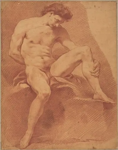 A Seated Male Nude, by Carle Van Loo, chalk, 1735