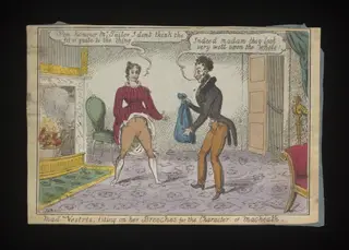 Mad. Vestris, fitting on her Breeches for the Character of Macheath, by John Duncombe, 1850