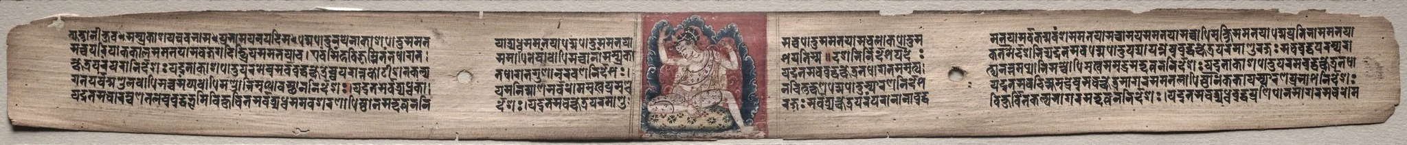 Folio 22 from a Gandavyuha-sutra (Scripture of the Supreme Array): Samantabhadra spinning clouds of things (recto); Text (verso), detail