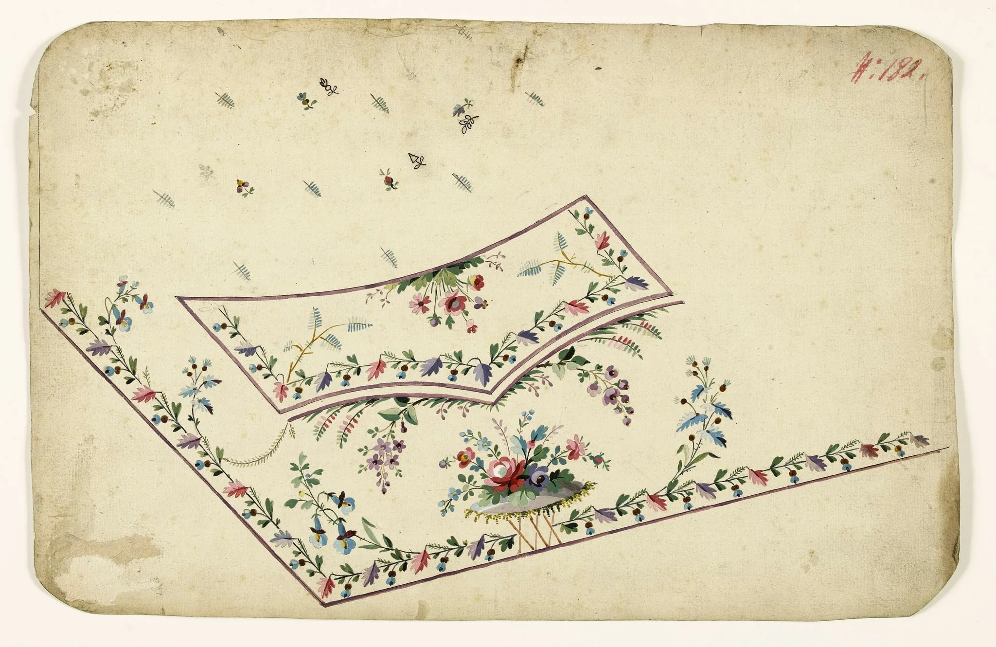 Composition florale sur tertre rocheux, frises de fleurs et de feuilles, projets de broderies de gilet, XVIIIème siècle, detail