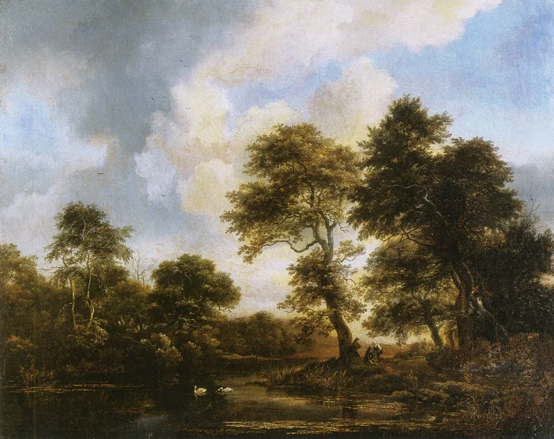 Wooded landscape with swans in a pond, detail