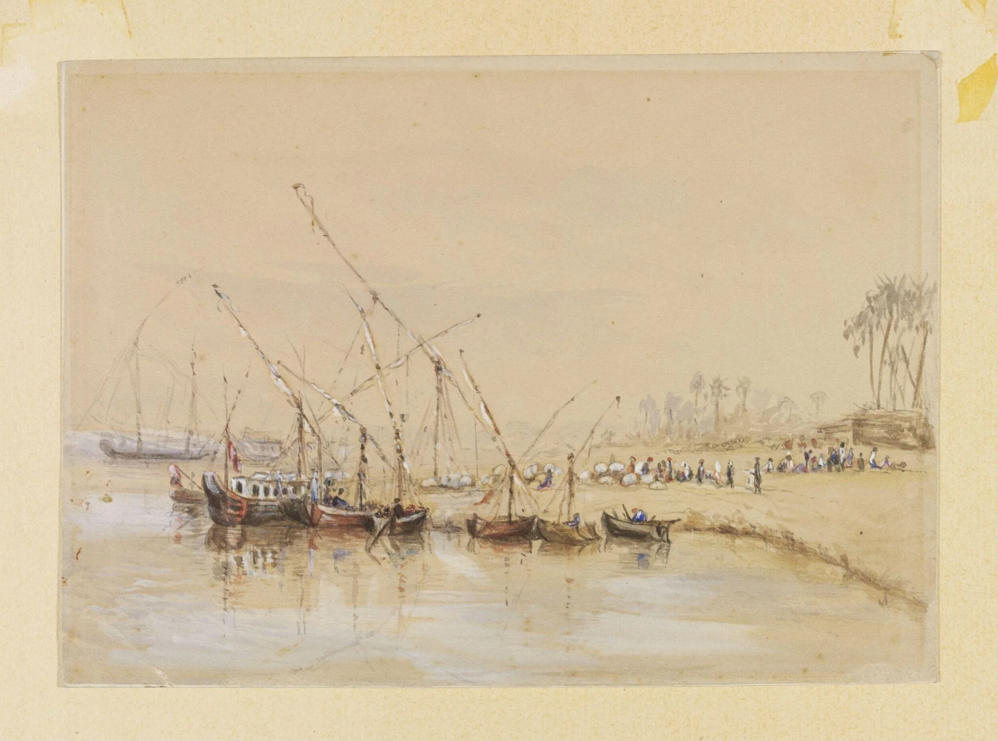 A Scene on the Nile: with dahabiyyahs and bales of cotton being loaded into feluccas, detail