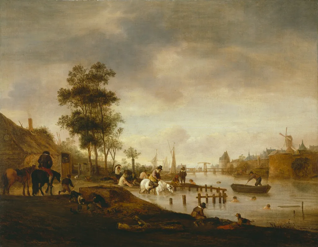 River Landscape with Swimmers, by Isaac van Ostade, oil, 1644