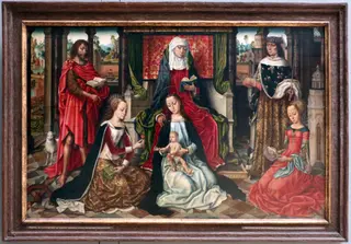 Saint Anne with the Virgin and Child and four saints (John the Baptist, Louis IX, Catherine and Barbara), by Master of the Bruges Legend of St. Ursula, oil, 1494