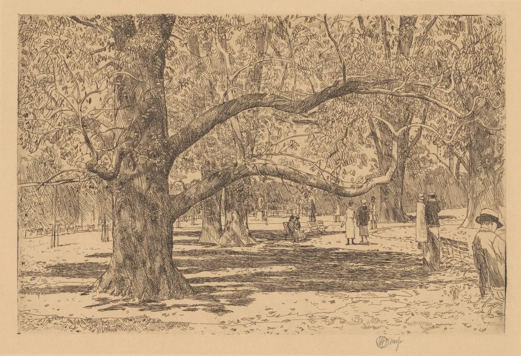 The English Elms, by Childe Hassam, ink, 1933