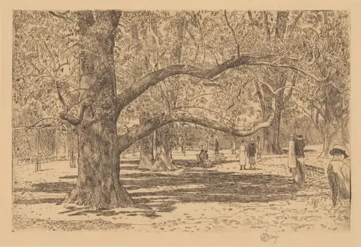 The English Elms, by Childe Hassam, ink, 1933