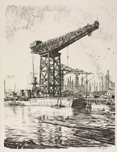 The Great War:  Britain's Efforts and Ideals; Building Ships:  A Fitting Out Basin, by Muirhead Bone, 1917