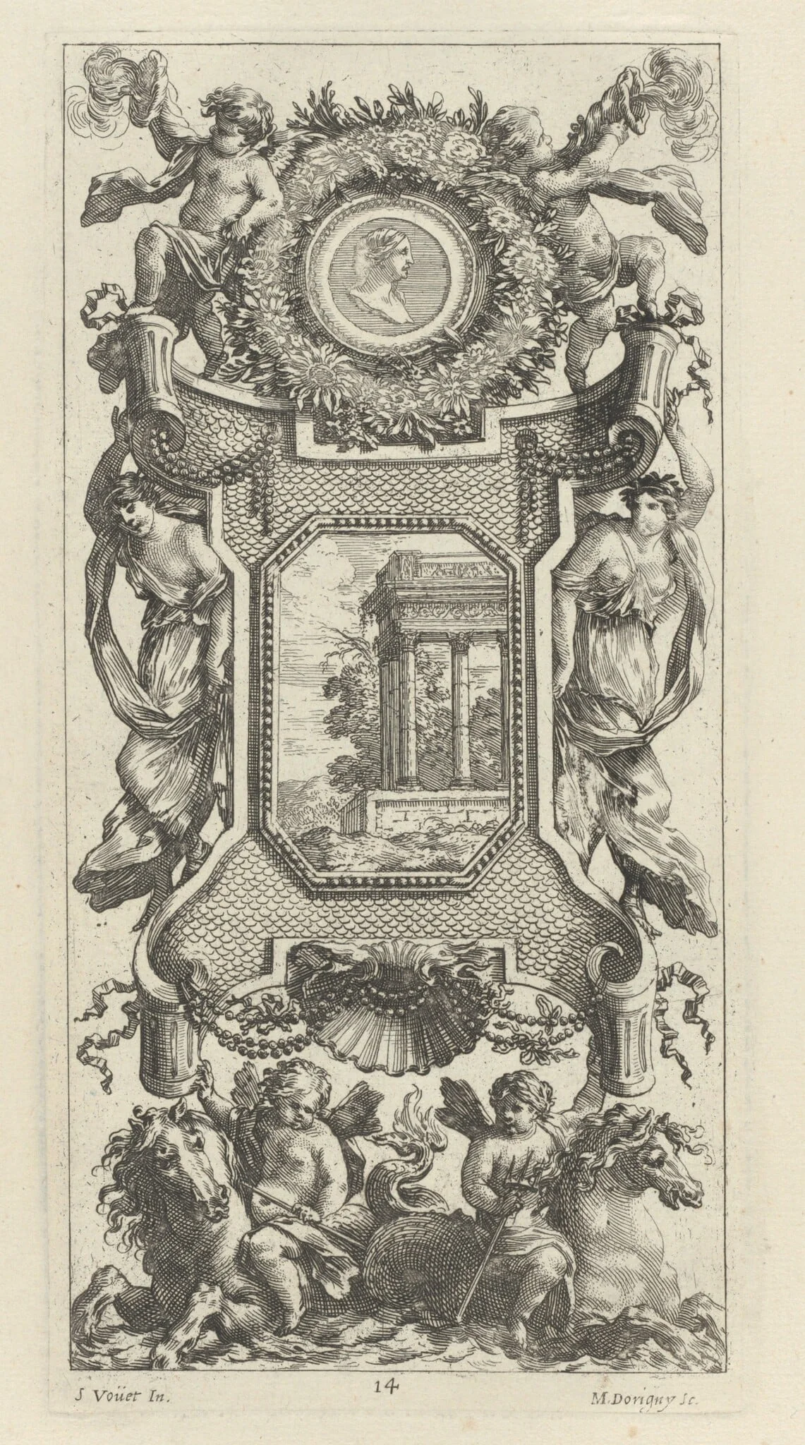 Ornamental Panel Surmounted by a Bust of a Woman and Two Putti with Flaming Trumpets, detail