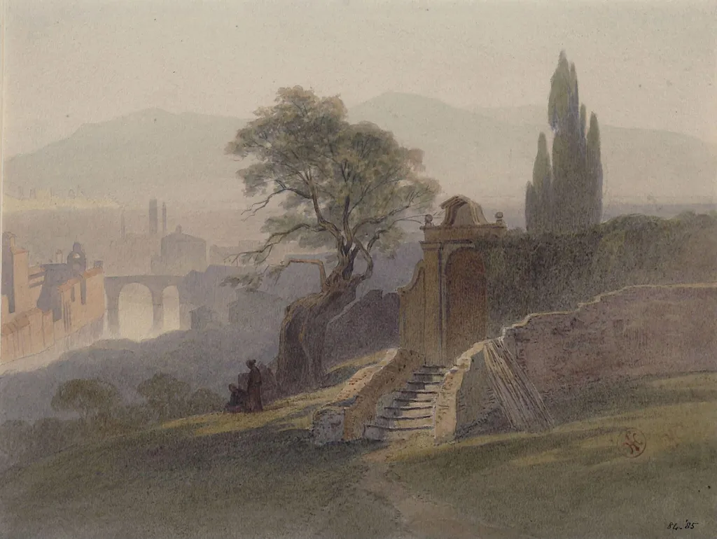 Tasso's Oak in the monastery garden of San Onofrio, Rome, by Harry Johnson, watercolor, 1850