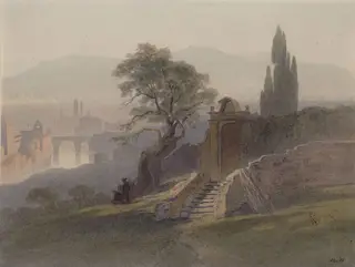 Tasso's Oak in the monastery garden of San Onofrio, Rome, by Harry Johnson, watercolor, 1850