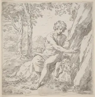 Saint John the Baptist in the Desert, by Simone Cantarini, ink, 1630
