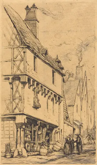 Ancienne habitation à Bourges, dite "La Maison du Musicien" (An Old House at Bourges, Sometimes Called the "Musician's House"), by Charles Meryon, graphite, 1860