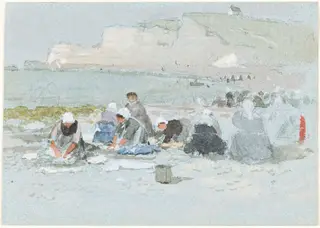 Washerwomen on the Beach at Etretat, by George Henry Boughton, graphite, 1869