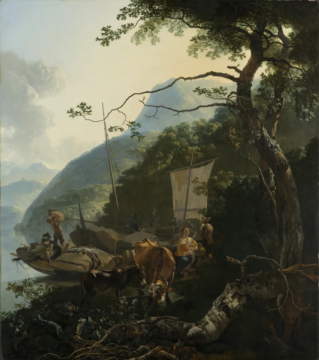 Boatmen Moored on the Shore of an Italian Lake, by Adam Pynacker, oil, 1665