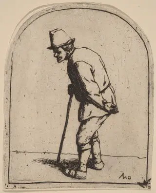 Peasant with a Crooked Back Leaning on a Stick, by Adriaen van Ostade, ink, 1653