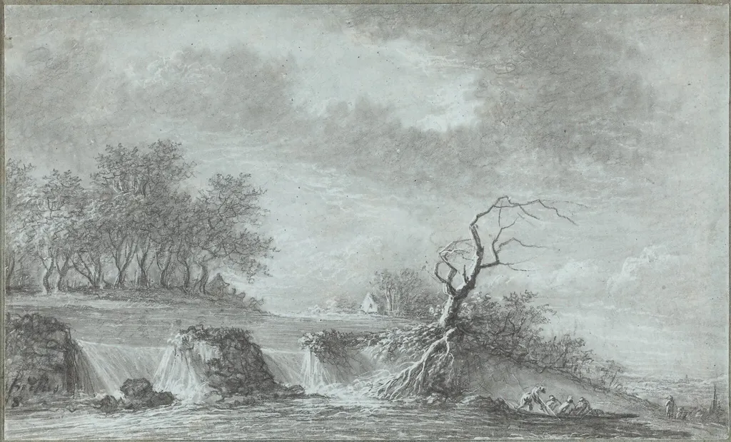 Riverscape with a Waterfall, by Aignan-Thomas Desfriches, graphite, 1768