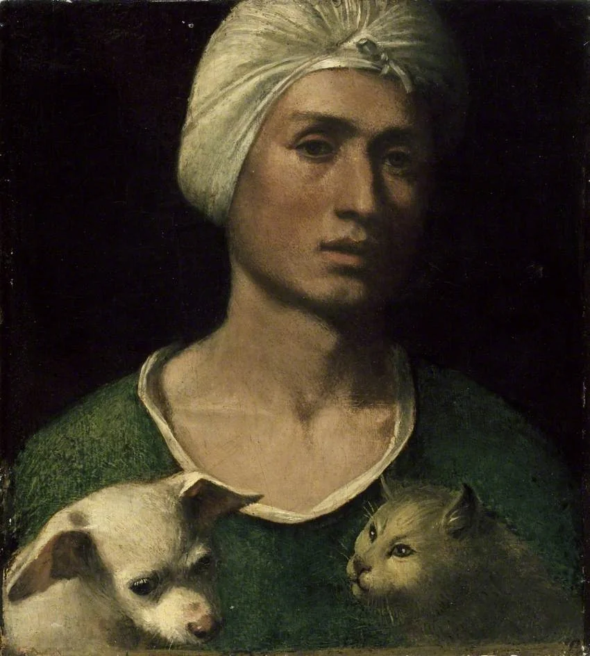Portrait of a young Man holding a Dog and a Cat, detail