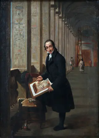 The engraver Joseph de Meulemeester at work in the lodges of Raphael in the Vatican, by Joseph-François Ducq, oil, 1813