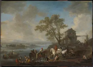 Horsepond on a river, by Philips Wouwerman, oil, 1650