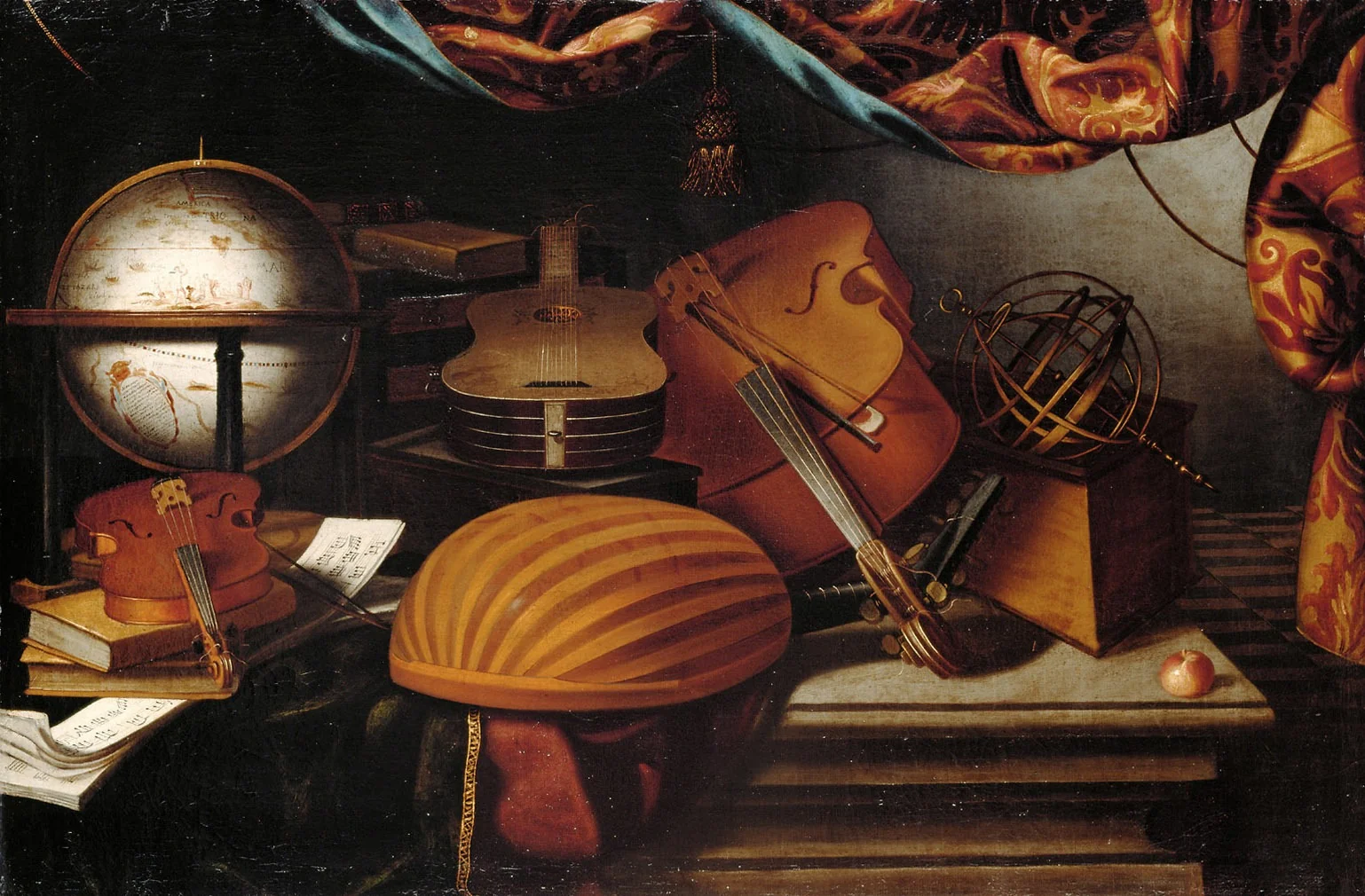 Stilleben mit Musikinstrumenten, Globus und Armillarsphäre, detail