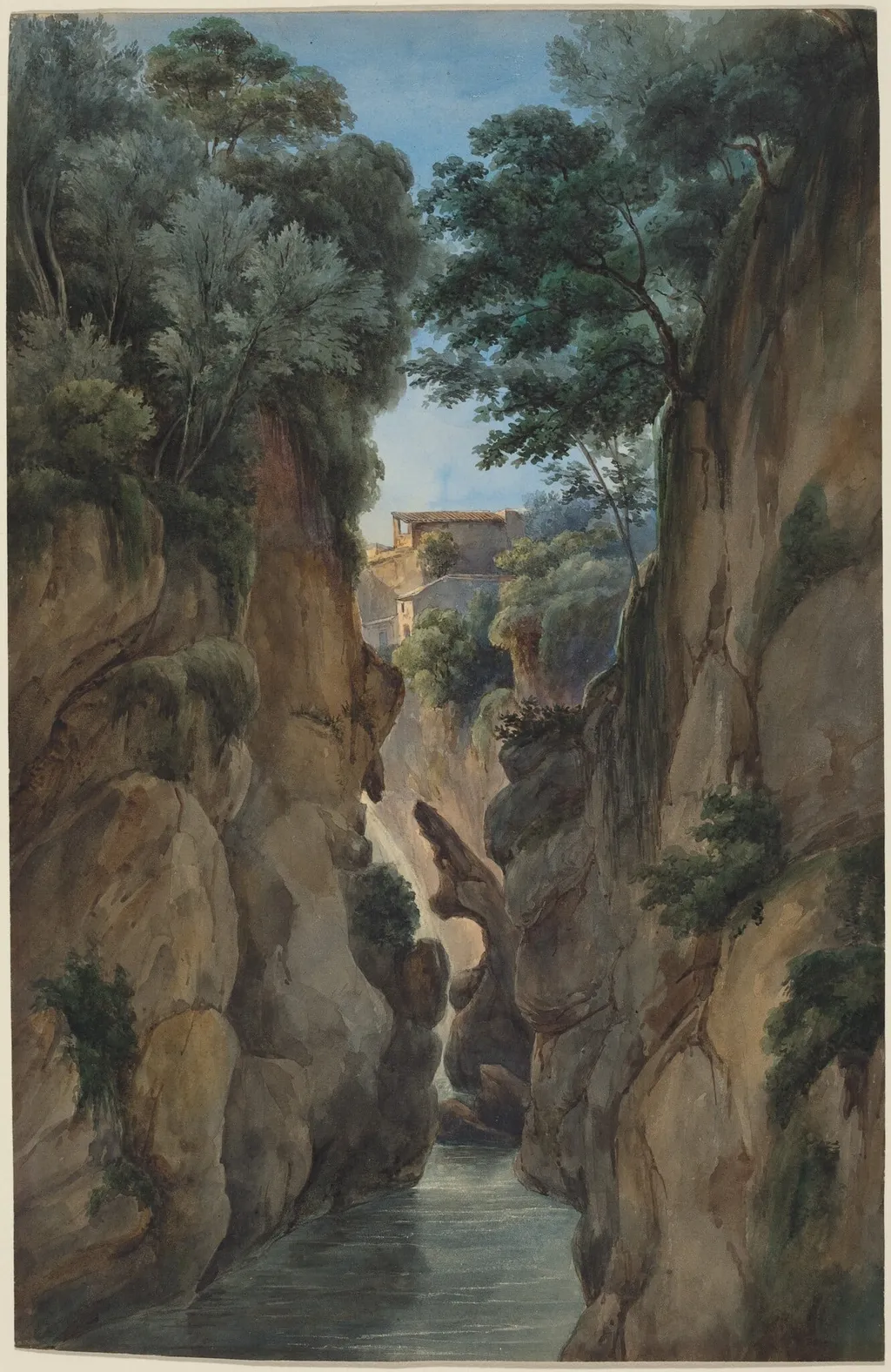 View of a Waterfall through a Ravine, by Achille Etna Michallon, graphite, 1809