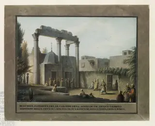 Mosque built between the columns of an ancient temple in Latakia on the coast of Syria, about 1800, by Luigi Mayer, watercolor, 1800