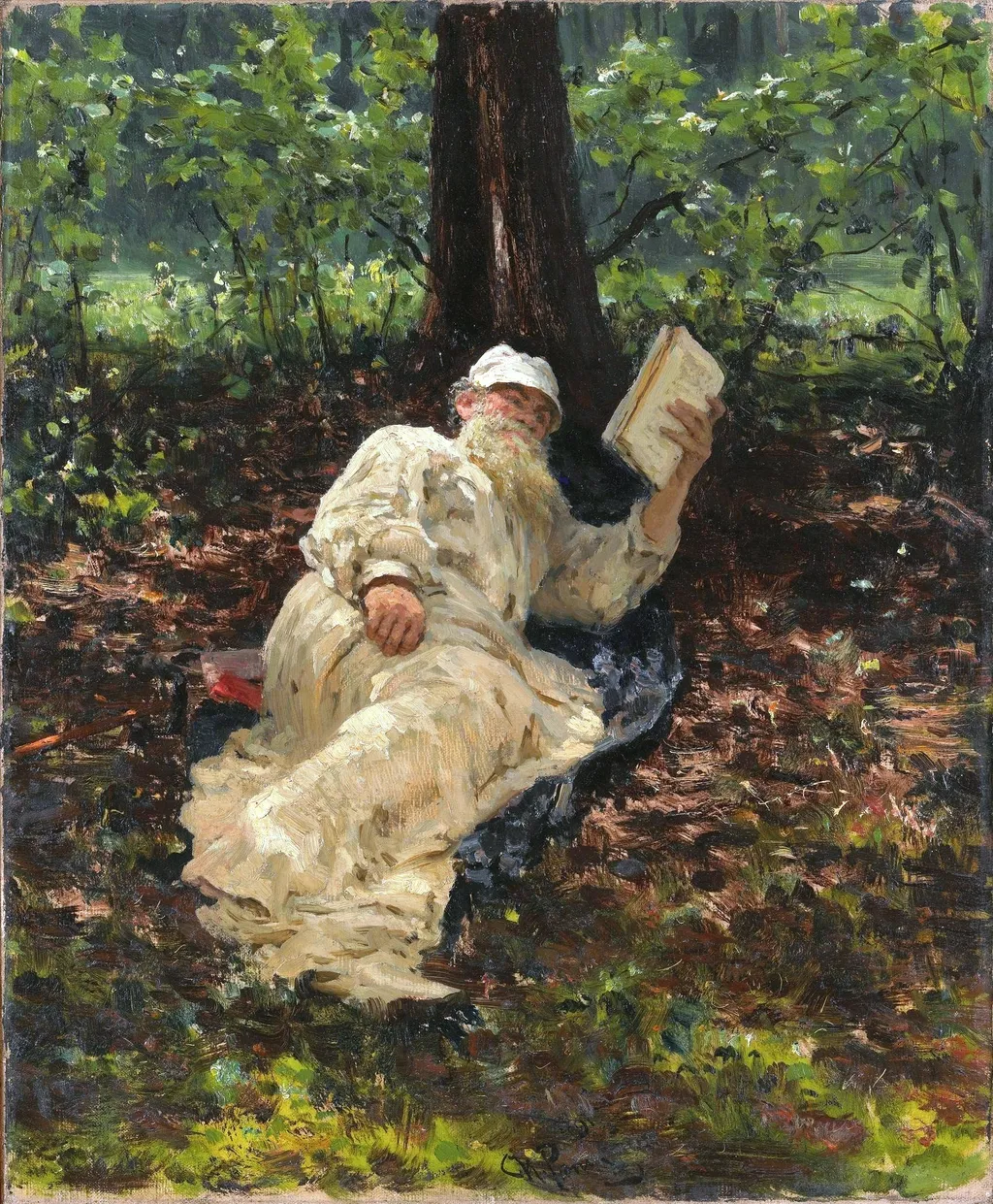 Lev Nikolayevich Tolstoy resting in the forest., by Ilya Repin, oil, 1896