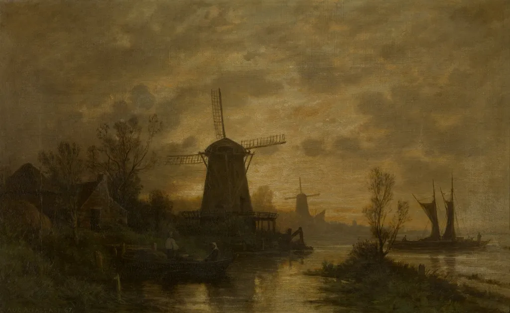 Windmills in Schiedam, by Auguste Anastasi, oil, 1867