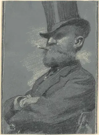 Man in Top Hat, Smoking a Cigar, by Robert William Vonnoh, graphite, 1801