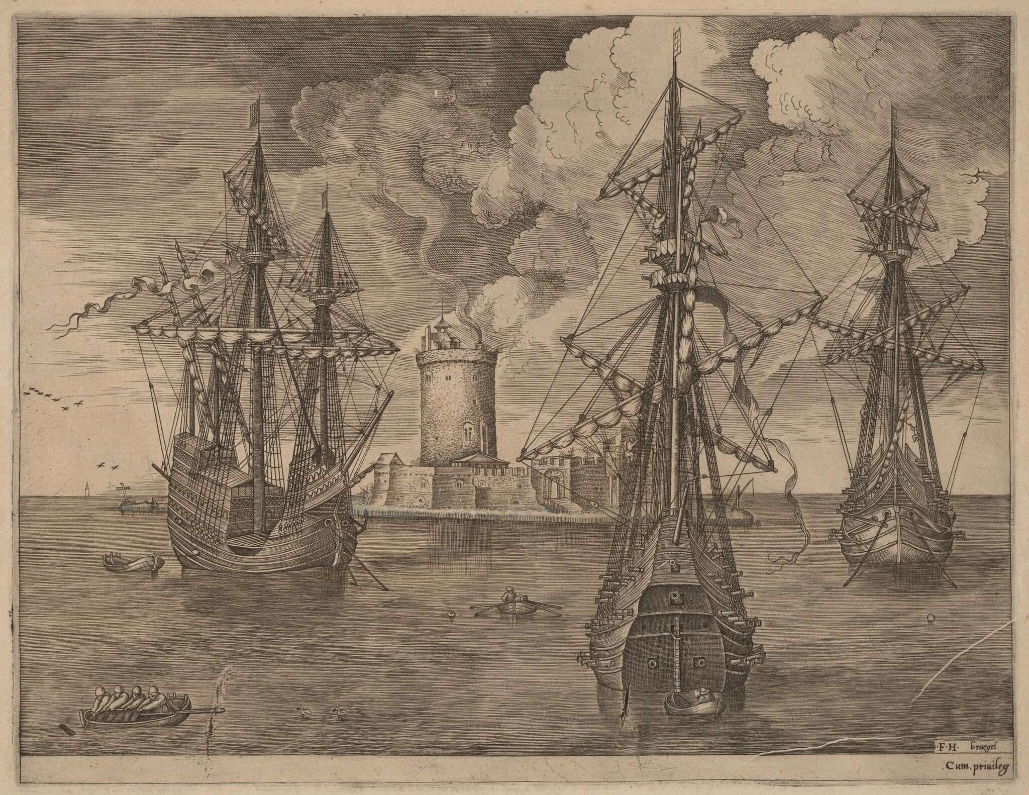 Four-Master (Left) and Two Three-Masters Ancored Near a Fortified Island with a Lighthouse, detail