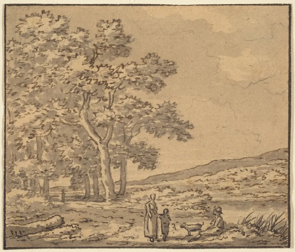A Landscape with Three Figures and a Dog, by Théodore Rousseau, ink, 1840