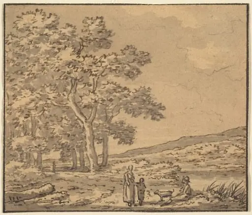 A Landscape with Three Figures and a Dog, by Théodore Rousseau, ink, 1840