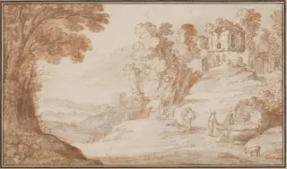 Classical Landscape with a Fountain, by Paul Bril, ink, 1590