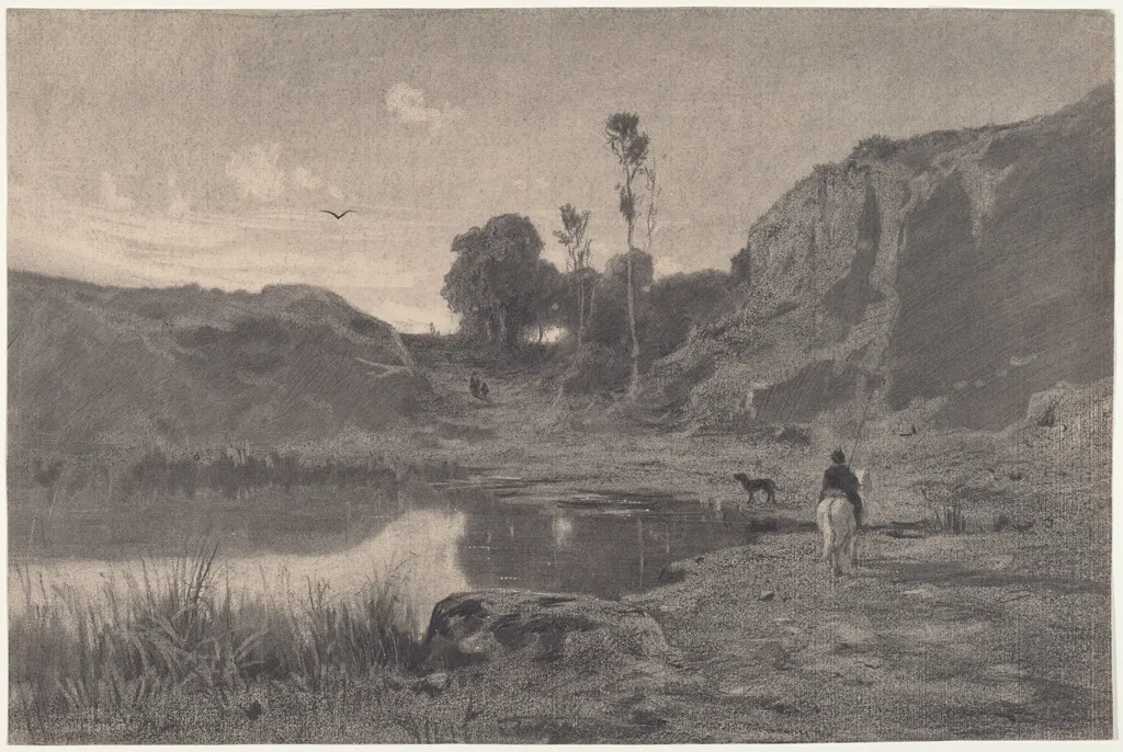 A Rider by a Mountain Pond at Sunset, by Adolphe Appian, charcoal, 1874