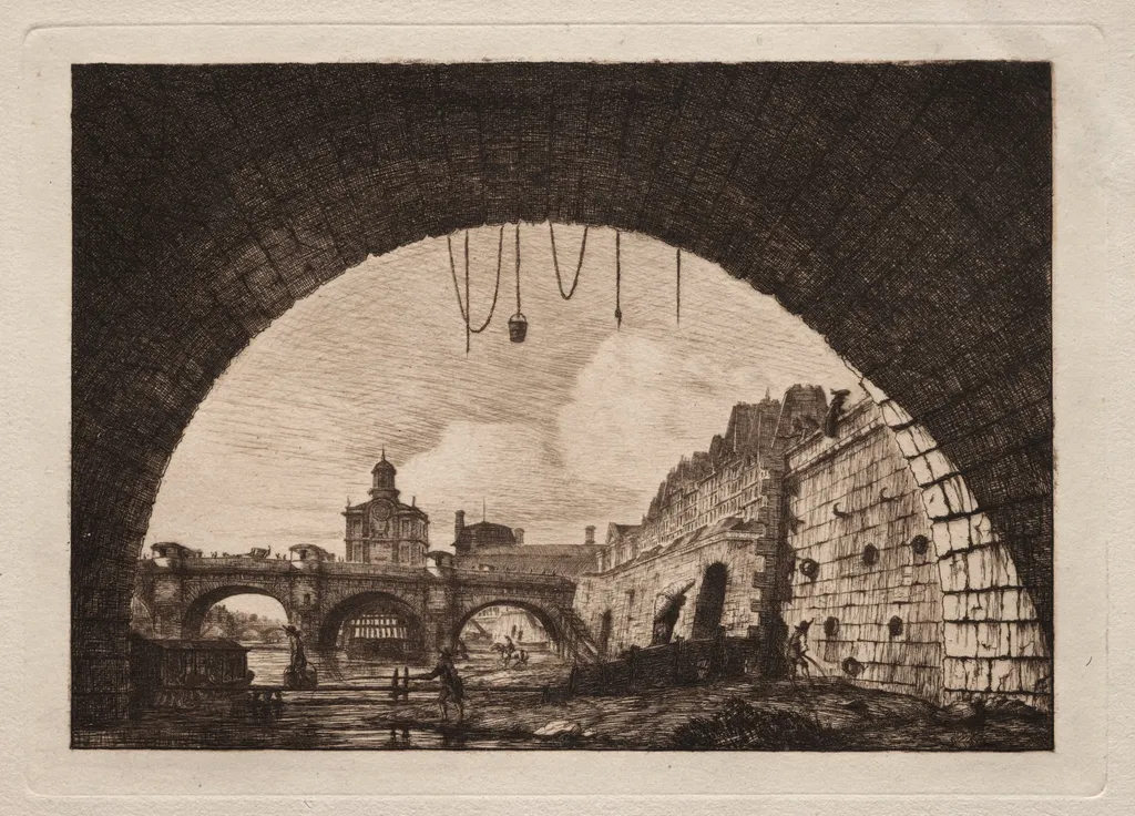 The New Bridge and the Samaritaine seen from under the First Arch of the Exchange Bridge, Paris, by Charles Meryon, 1855