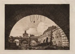 The New Bridge and the Samaritaine seen from under the First Arch of the Exchange Bridge, Paris, by Charles Meryon, 1855