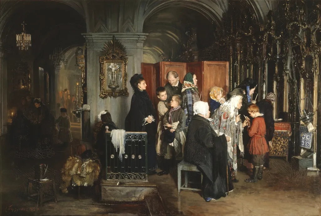 Before confession, by Alexei Korzukhin, oil, 1889