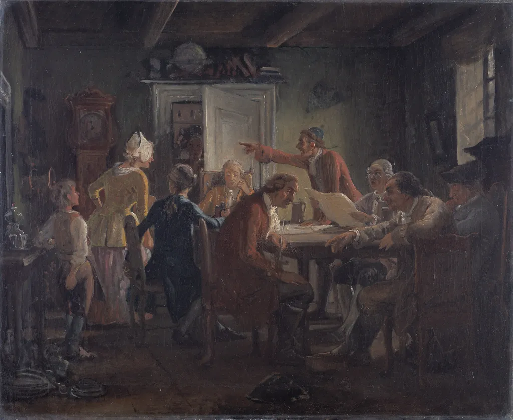 Collegium Politicum. From Ludvig Holberg’s The Political Tinker, Act I, Scene 2., by Wilhelm Marstrand, oil, 1852