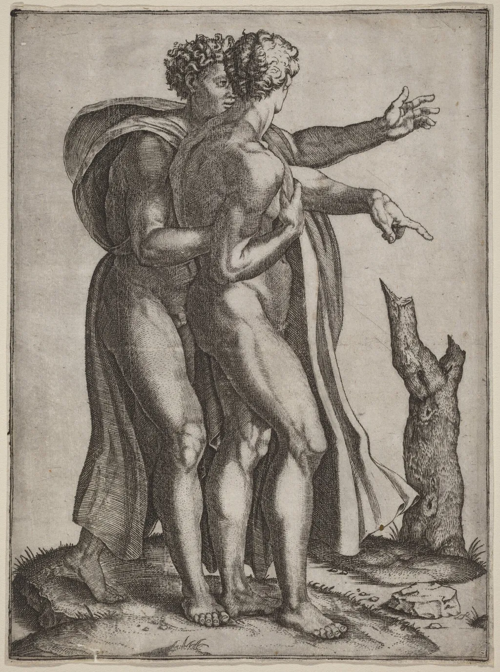 Two Nude Men, by Marcantonio Raimondi, ink, 1507