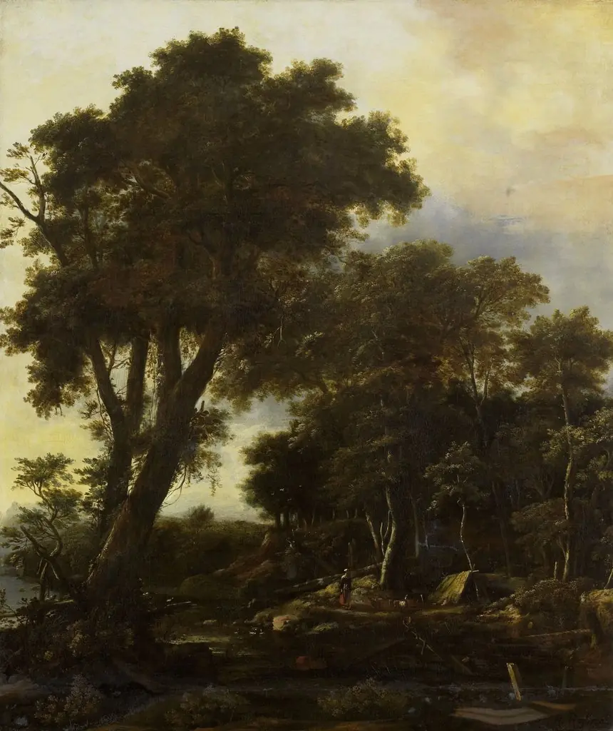 Forest landscape with lean-to, by Roelant Roghman, oil, 1650
