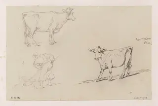 A Chinese man with a pole and basket, and two cows, by George Chinnery, 7