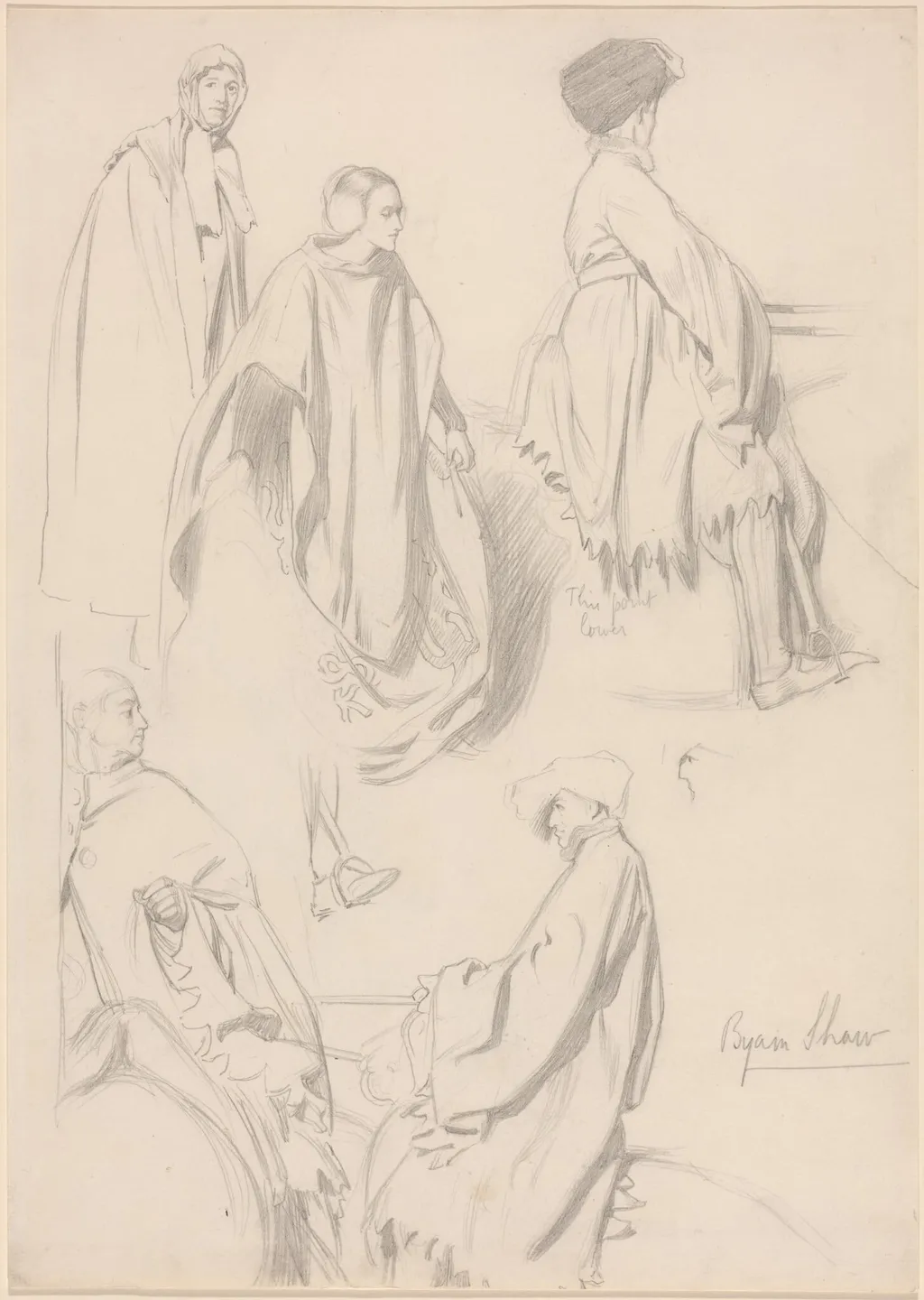 Studies of Men and Women in Medieval Dress, by Byam Shaw, graphite, 1896
