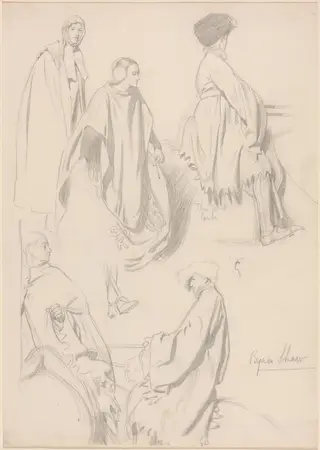 Studies of Men and Women in Medieval Dress, by Byam Shaw, graphite, 1896